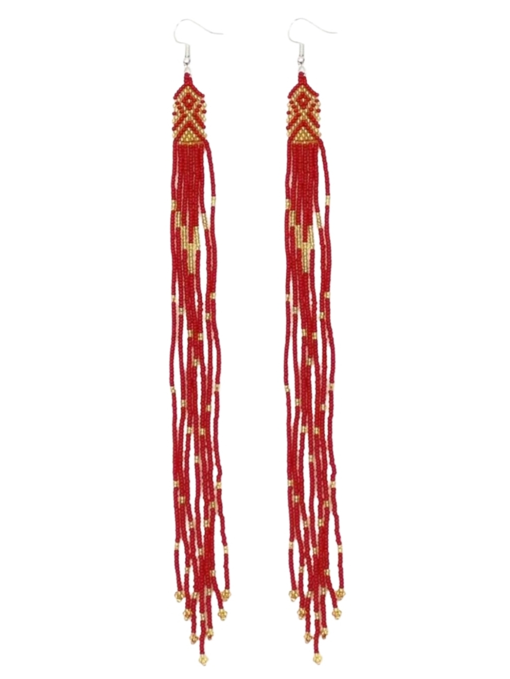 Long 8 Inch Red Gold Beaded Fringe Earrings Dangle Art Deco Statement Tassel
